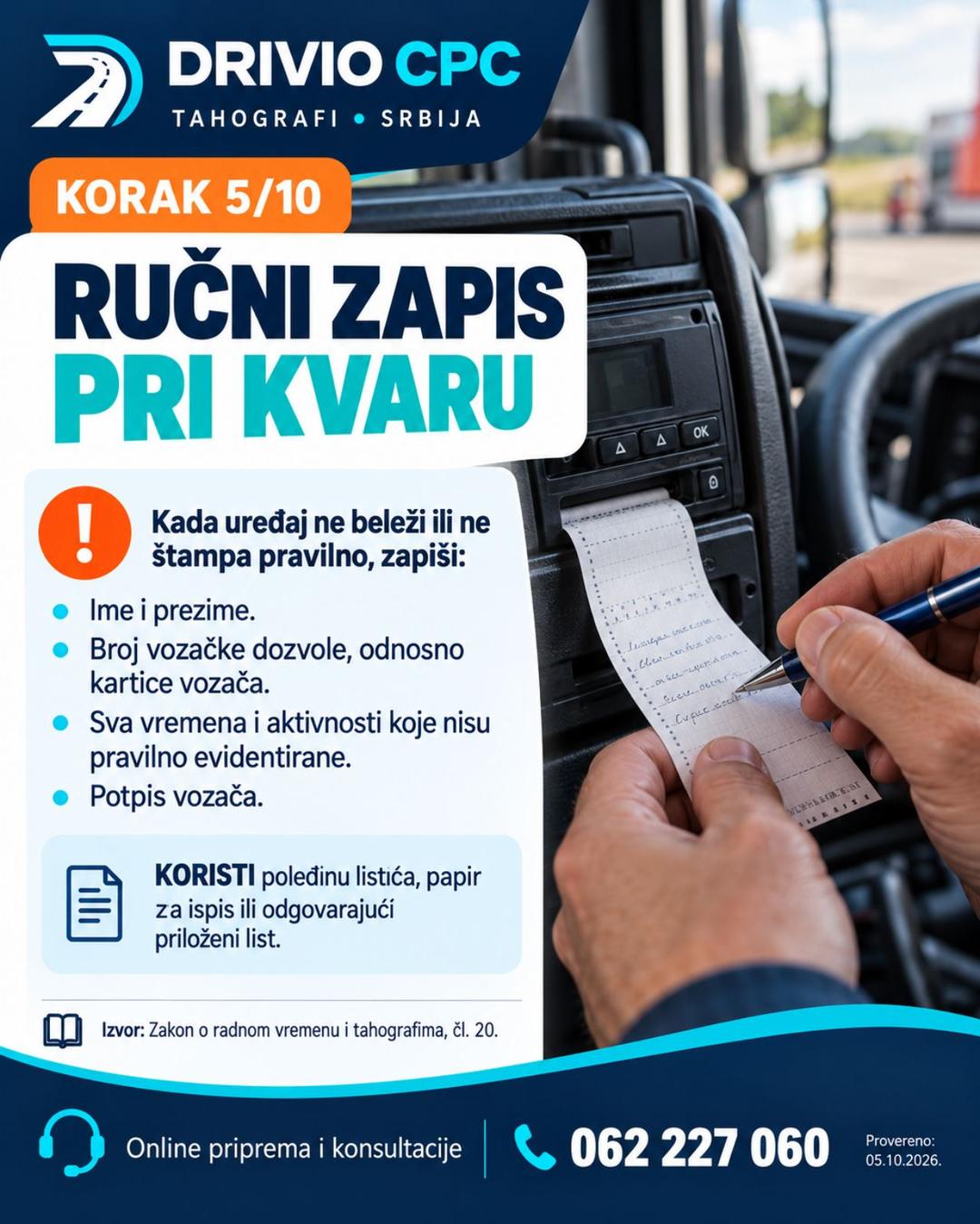 Korak 5: Ručni zapis pri kvaru — Radno vreme vozača i tahograf
