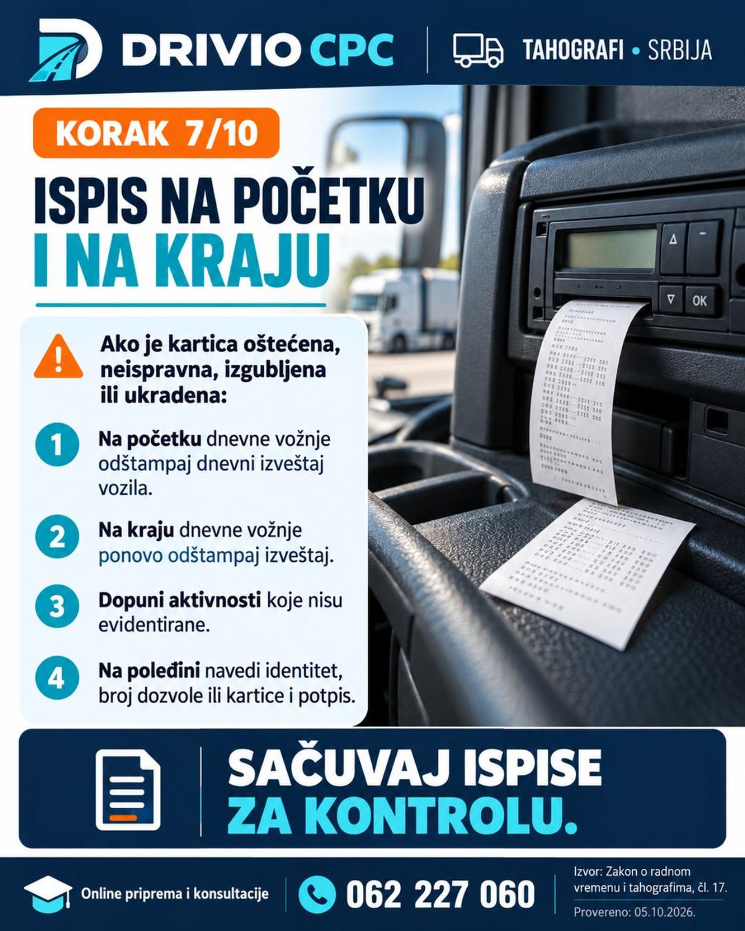 Korak 7: Ispis na početku i na kraju — Radno vreme vozača i tahograf