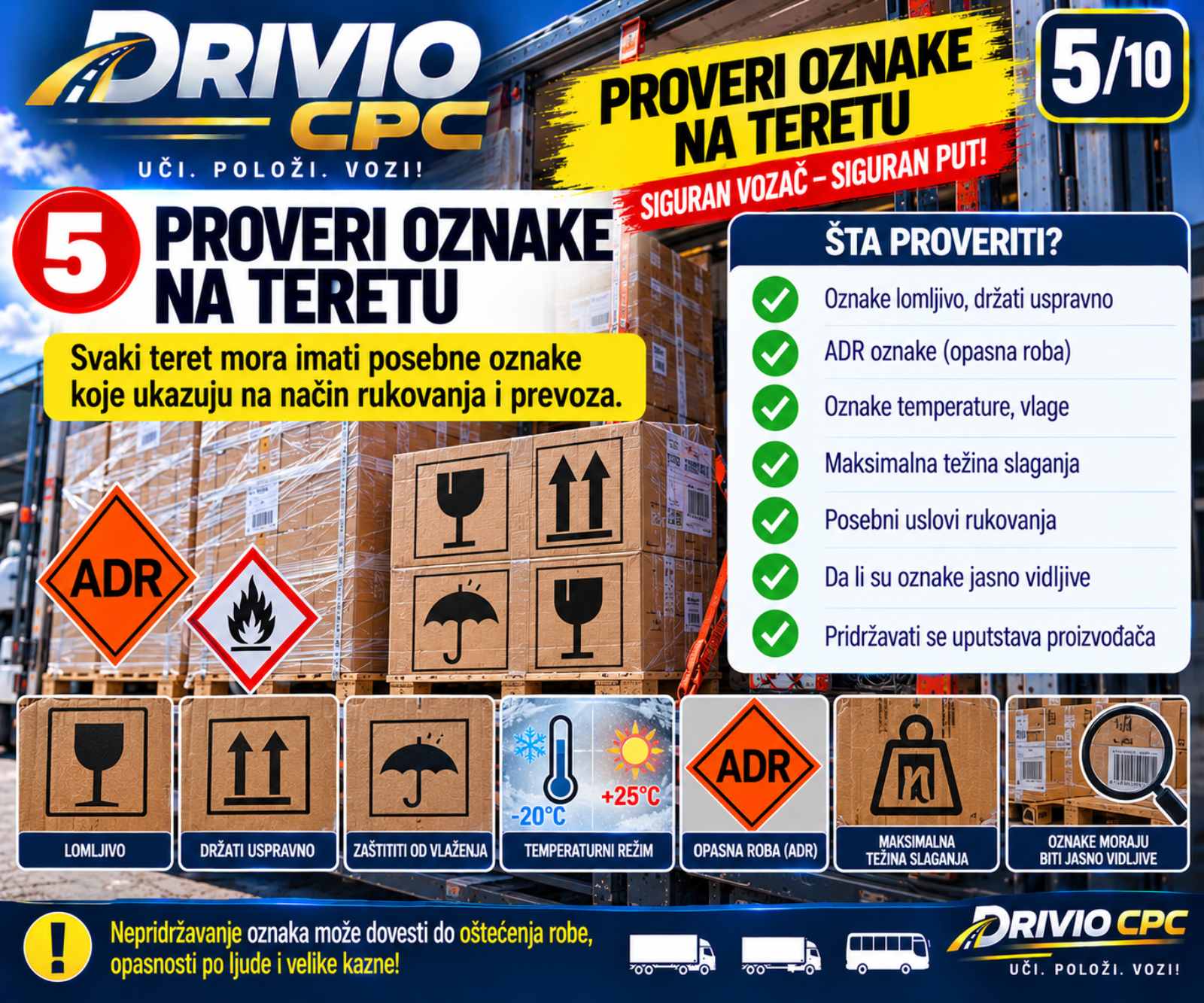 Korak 5: Provera oznaka na teretu — lomljivo, ADR, temperaturni režim